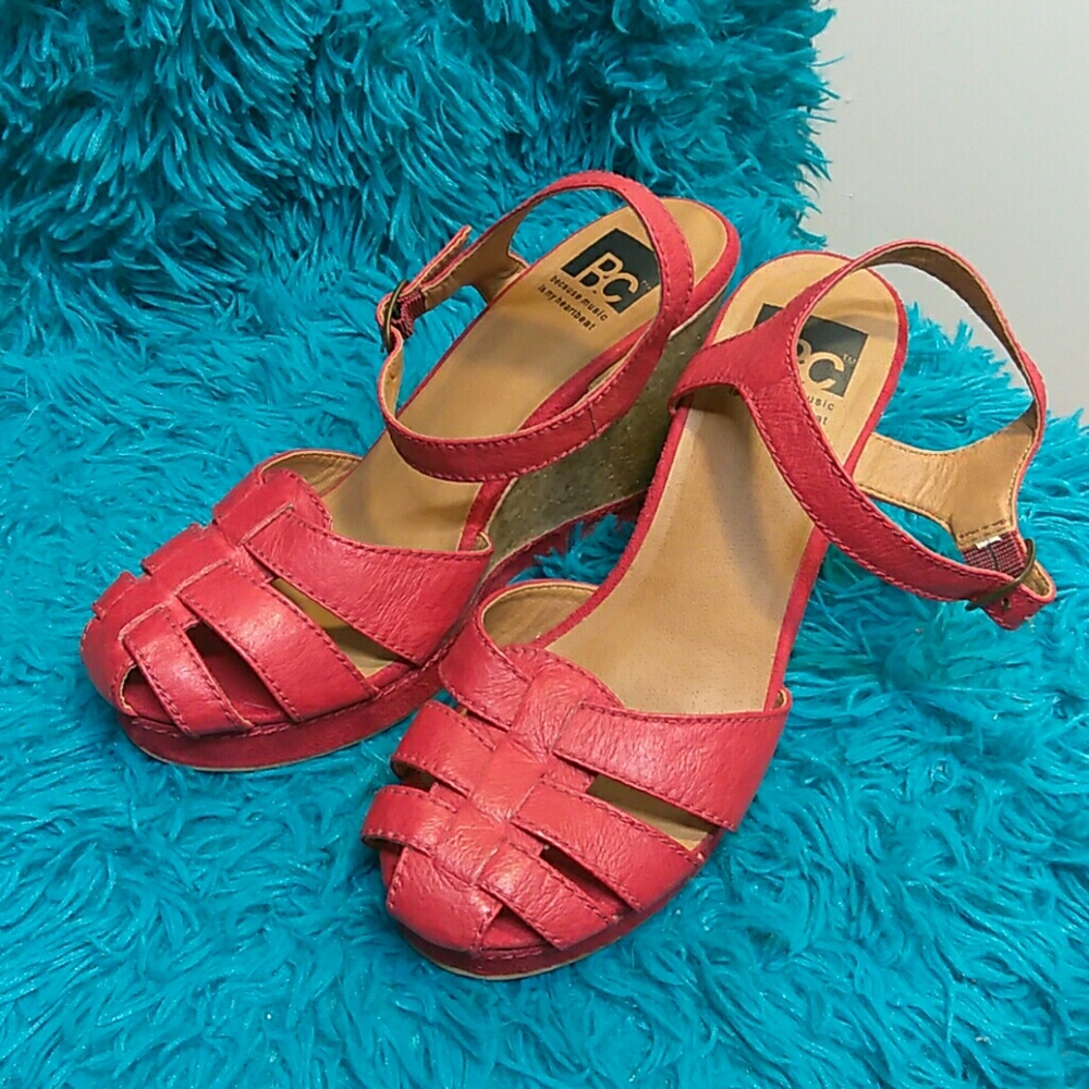 BCBG Red Leather Cork Wedge Sandals